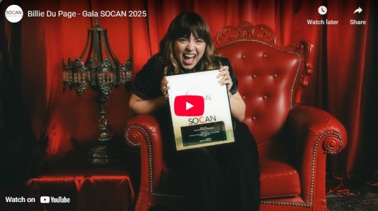 Gala SOCAN, 2025, interview, entrevue, video, Billie du Page